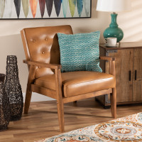 Baxton Studio BBT8013-Tan Chair Sorrento Mid-Century Modern Tan Faux Leather Upholstered and Walnut Brown Finished Wood Lounge Chair